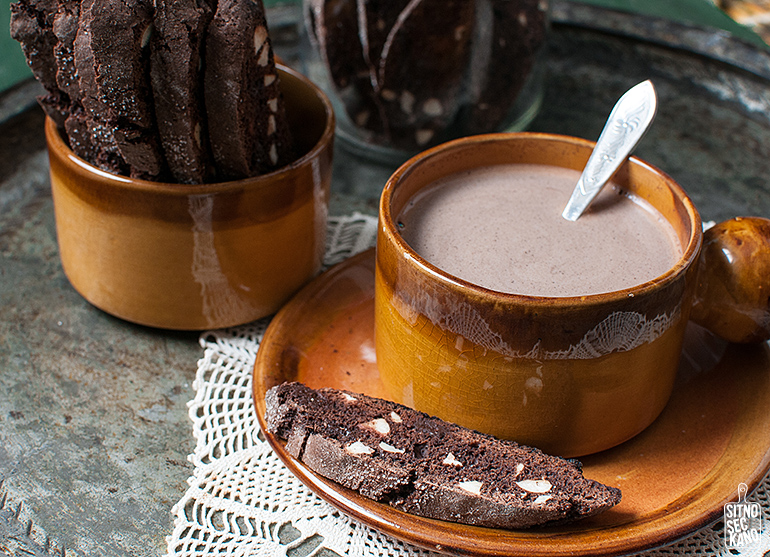 chocolate almond biscotti with hot cocoa