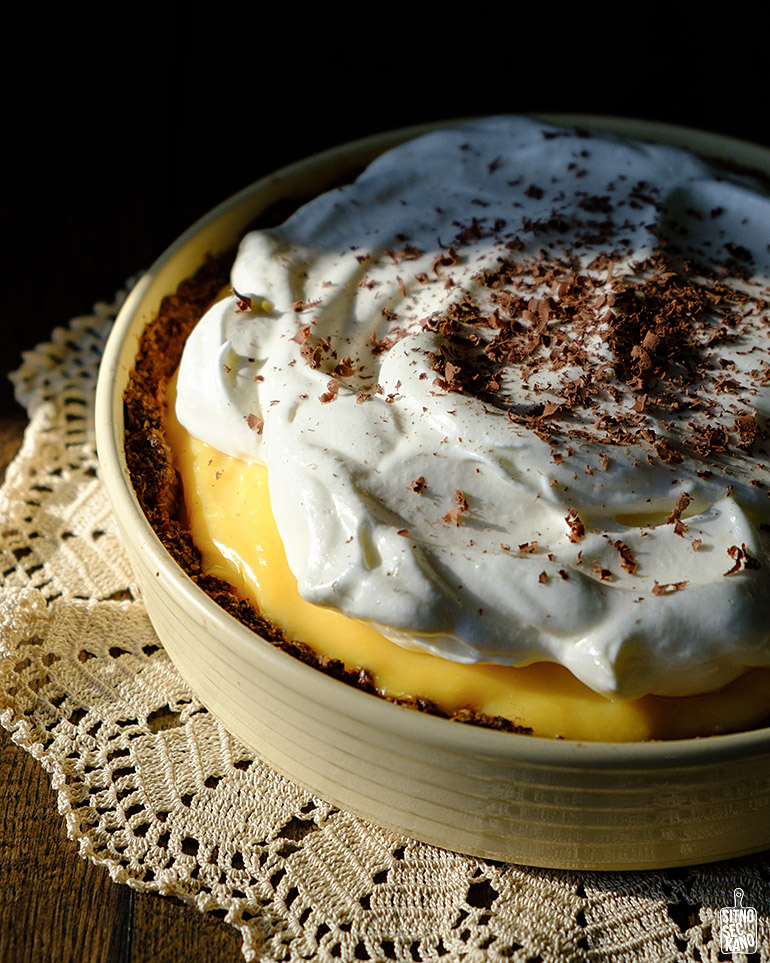 Banana cream pie with orange meringue